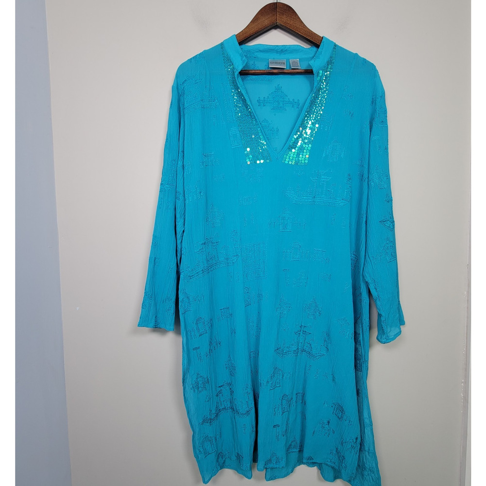 Chicos Womens 3 Silk Long Embroidery Sequin Side Slits Tunic Beach Cover Up Blue
